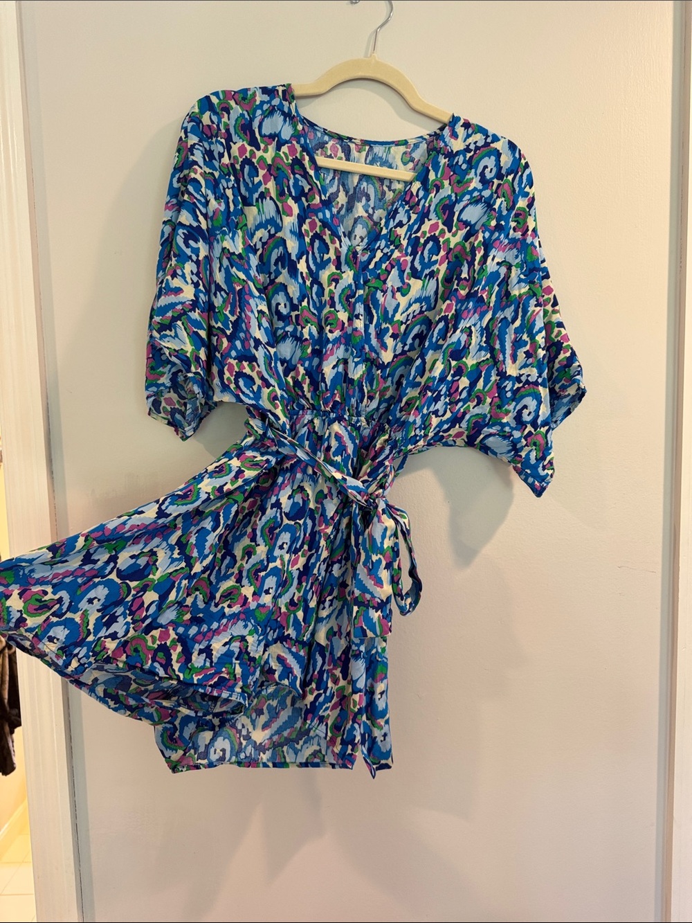 Bright Blue Multicolor V-Neck Tie-Waist wide leg Shorts Romper